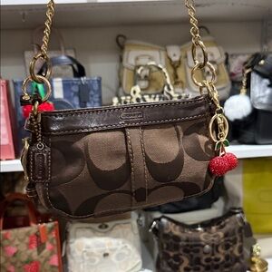 Coach Mini Zoe Brown Signature  with Red Cherry Charm
